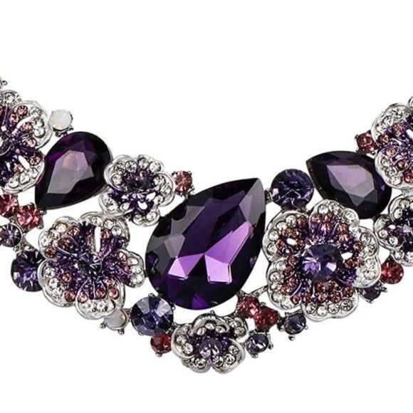 Silver and Amethyst Austrian Crystal Camellia Flower Necklace and Earrings Set - Picture 3 of 6